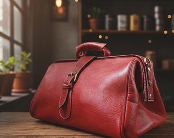 Handmade Red Leather Doctor Bag, Vintage Gladstone Travel Satchel