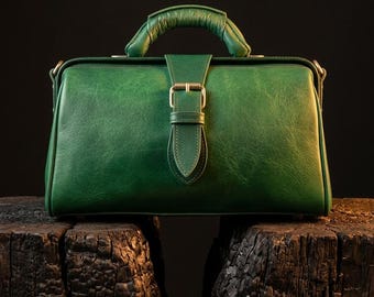 Green Leather Doctor Bag, Vintage Gladstone Handbag, Steampunk Medical Satchel