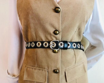 Black Leather Grommet Belt, Silver Buckle, Punk Rock Style