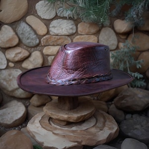 Leather Cowboy Hat, Brown Outback Hat, Western Hat, Men&#39;s Leather Hat, Women&#39;s Leather Hat, Gift for Him, Gift for Her