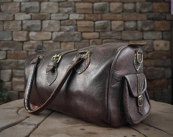 Brown Leather Duffle Bag, Vintage Style Weekender, Travel Bag