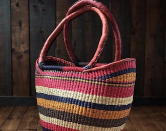 Striped Woven Tote Bag, Leather Handles, Large Market Basket