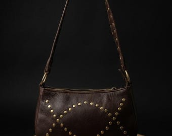 Studded Leather Shoulder Bag for Women, 90s Y2K Style Baguette Purse, Minimalist Evening Handbag in Brown, Black & Burgundy