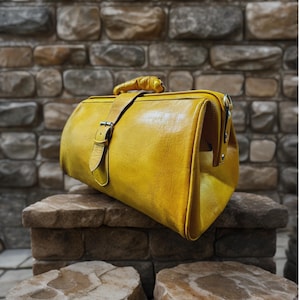 Yellow Leather Doctor Bag, Mustard Statement Purse, Vintage Handmade Satchel, Made in Spain, Unique Gift for Artist