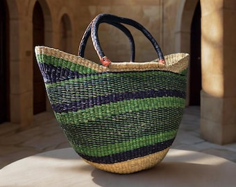 Striped Woven Tote Bag, Large Beach Basket with Leather Handles
