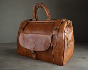 Handmade Full Grain Leather Duffel Bag, Vintage Travel Weekender