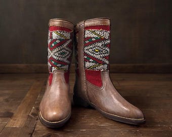 Kilim Ankle Boots, Leather Bohemian Textile Boots, Size 38