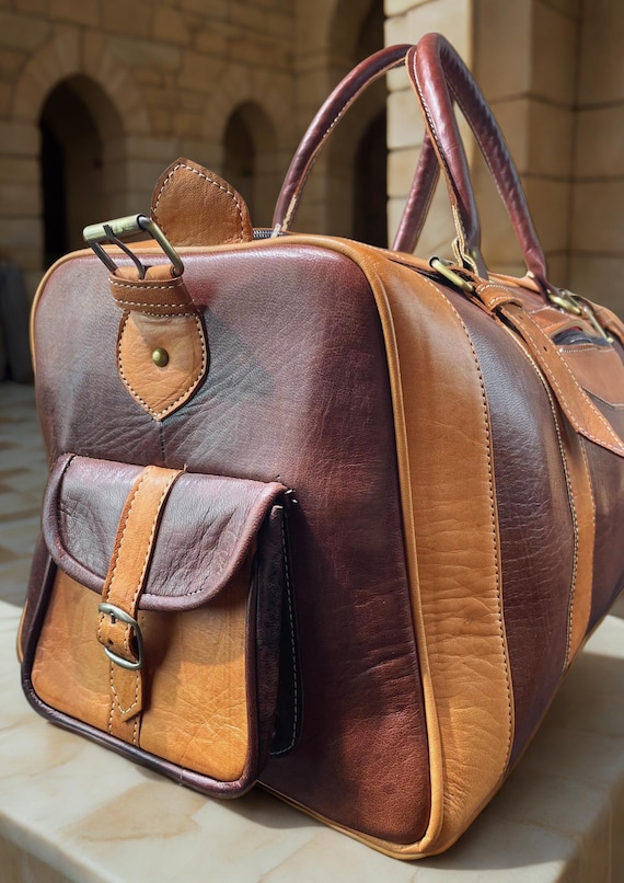 Two-Tone Leather Duffel Bag, Handmade Travel Weekender