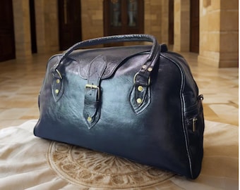 Black Leather Travel Duffel Bag, Full Grain Leather Weekender, Unisex Carryall