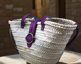 Straw Tote Bag with Purple Crocodile Embossed Leather Accents