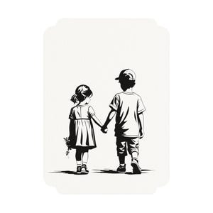 Zeitlose Postkarten - Junge hält Mädchen an der Hand, Schwarz-Weiß-Kunst - Timeless Postcards - Boy Holding Girl's Hand, Black & White Art