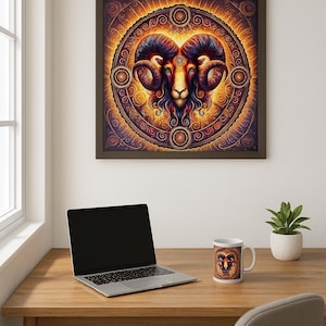 Poster Premium Ariete con cornice in legno – Decorazione murale astrologica su carta opaca premium, decorazione del segno zodiacale per soggiorno e ufficio