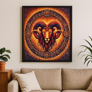 Peut inclure: Une impression d'art numérique représentant une tête de bélier stylisée avec trois yeux, sur un fond de motifs de mandala dorés et violets complexes.