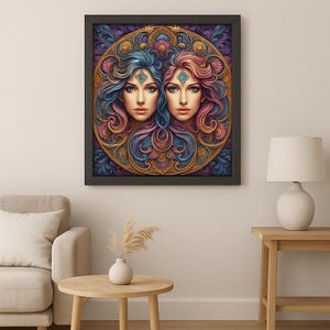 Poster del segno zodiacale Gemelli con cornice in legno – Stampa artistica premium su carta opaca | Decorazione da parete con immagine astrologica, regalo