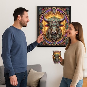 Plakat ze znakiem zodiaku Byk w drewnianej ramie – papier matowy, wydruk wysokiej jakości | Astrologiczny mural do Twojego domu