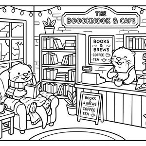 Könnte beinhalten: Eine schwarz-weiße Malvorlage mit einem Otter, der in einem Sessel liest, und einem weiteren Otter, der an einer Theke im Laden THE BOOOKNOOK & CAFE arbeitet. Die Szene zeigt Bücherregale, eine Kaffeemaschine und Schilder mit BOOKS & BREWS.