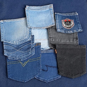 Set of 18 Upcycled Denim Patch Pockets – Assorted Sizes and Shades