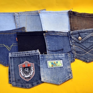 Set mit 20 aufgesetzten Taschen aus Upcycling-Denim - verschiedene Größen und Farbtöne