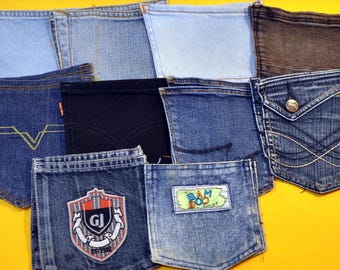 Set of 20 Upcycled Denim Patch Pockets – Assorted Sizes and Shades