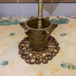 Antique Moroccan Brass Mortar – Handcrafted 6-Sided Yellow Copper – Vintage Apothecary & Kitchenware