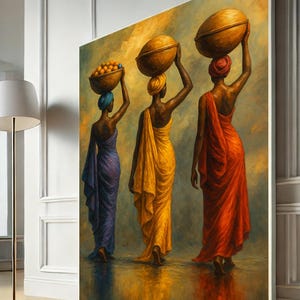African Women Canvas Wall Art – Tribal Culture Painting, Colorful Traditional Dress Print, Boho Home Decor