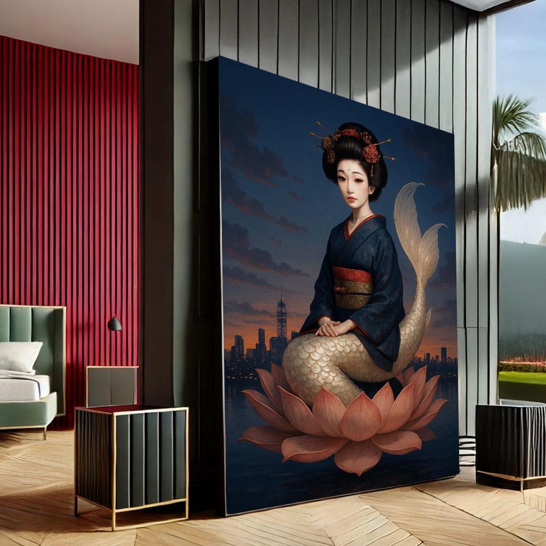 Japanese Mermaid Geisha Canvas Wall Art Print Elegant Living Room Decor ...