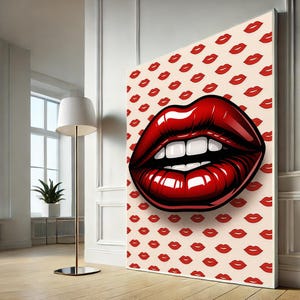 Red Lips Pop Art Canvas Wall Art Print, Bold Modern Lip Illustration Poster, Kissing Lips Canvas Wall Art Home Decor