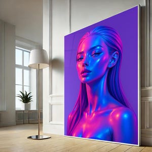 Neon Woman Portrait Art, Cyberpunk Canvas Print, Futuristic Wall Poster, Modern Home Decor, Canvas Wall Art, Ready to Hang