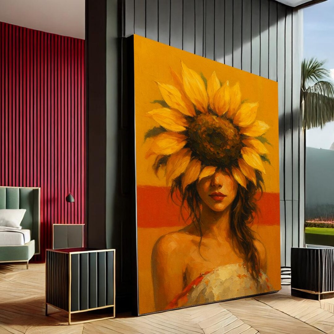 Radiant Sunflower Woman Modern Canvas Wall Art Print | Yellow & Orange ...