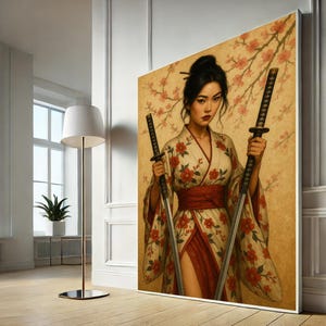 Stampa su tela raffigurante una donna samurai con katana, stampa di una guerriera orientale, decorazione da parete in kimono giapponese, decorazione da parete su tela per la casa.