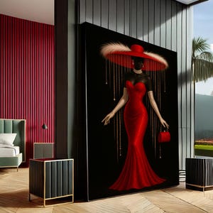 Elegant Woman in Red Modern Canvas Wall Art Print | Bold Black & Red Living Room Decor | Ready to Hang