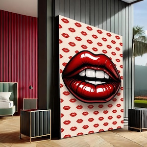 Bold Red Lips Pop Art Canvas Wall Art Print | Red & White Living Room Decor | Statement Piece
