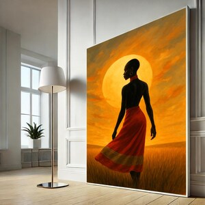Toile femme noire africaine au coucher du soleil | Décoration murale vibrante de style africain pour le salon | Décoration culturelle audacieuse pour la maison