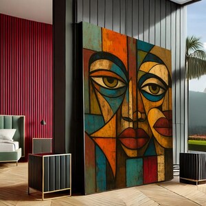 Lebendiges abstraktes Gesicht Moderne Leinwand Wand Kunst Druck | mehrfarbiges Wohnzimmer Dekor | Statement Stück