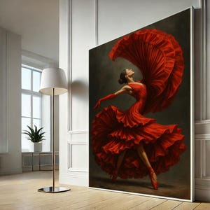 Elegant Flamenco Dancer Canvas Wall Art – Passionate Red Dress Ballerina Print, Spanish Dance Home Decor
