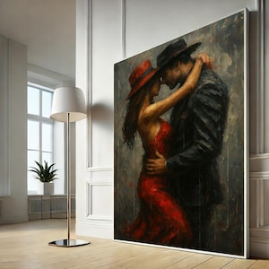 Romantic Couple Dance Canvas Wall Art Print, Passionate Red Dress Painting Canvas Wall Art Home Decor