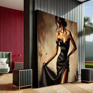 Elegant Woman in Black Dress Canvas Wall Art Print - Contemporary Art for Modern Living Room and Bedroom Decor