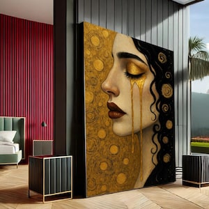 Golden Tears Woman Modern Canvas Wall Art Print | Black & Gold Living Room Decor | Statement Piece