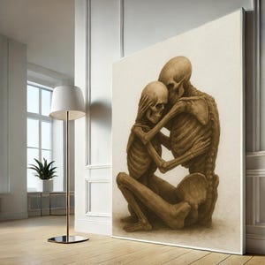 Moody Skeleton Embrace Canvas Art | Surreal Sepia Hugging Figures for Living Room | Unique Gothic Home Decor Gift