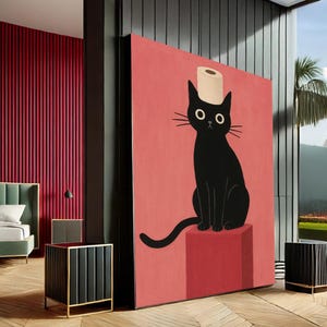 Whimsical Black Cat Modern Canvas Wall Art Print | Red Living Room Decor | Statement Piece