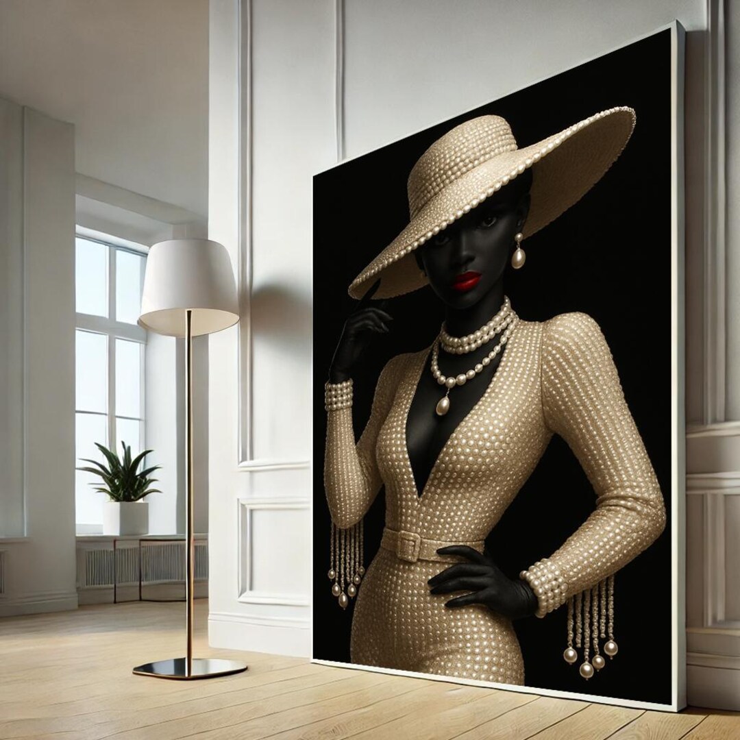 Sophisticated Fashion Woman Canvas Art | Elegant Pearl and Hat Portrait ...