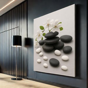 禅石と白い花のキャンバス、ミニマリストスパウォールアート、リラックスできる禅プリント、モダンなバスルームの装飾、キャンバスウォールアートホームデコレーション