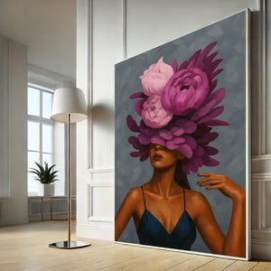 Floral Woman Portrait Art, Feminine Canvas Print, Modern Wall Painting, Bedroom Decor, Canvas Wall Art, Ready to Hang