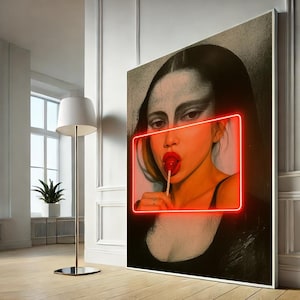 Modern Mona Lisa Canvas Wall Art Print – Neon Pop Portrait with Red Lollipop for Urban Home Decor