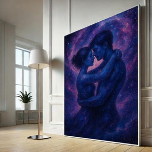 Ethereal Love in Cosmic Embrace Canvas Art | Surreal Romantic Couple Wall Decor for Bedroom | Mystical Starry Night Home Accent