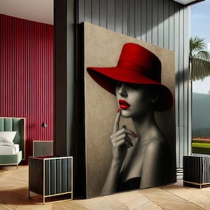 Elegant Woman in Red Hat Modern Canvas Wall Art Print | Black & Red Bedroom Wall Decor | Statement Piece
