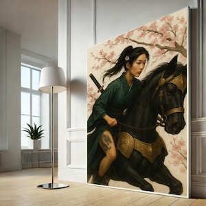 Stampa su tela raffigurante una donna samurai a cavallo - Stampa artistica da parete raffigurante un guerriero giapponese, decorazione per la casa con fiori di ciliegio
