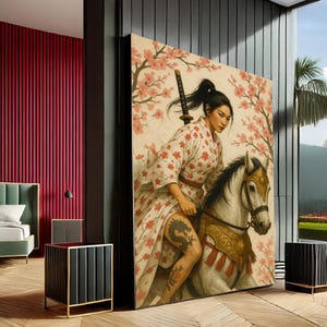 Quadro su tela raffigurante una donna samurai, stampa di un guerriero giapponese, poster di un cavallo in fiore di ciliegio, decorazione da parete con potere femminile, quadro su tela pronto da appendere.
