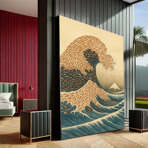 Majestic Ocean Wave Japanese Style Canvas Wall Art Print | Blue & Beige Living Room Decor | Statement Piece