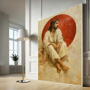 Jesus Sitting Canvas Wall Art – Modern Christian Painting Print for Faithful Home Decor